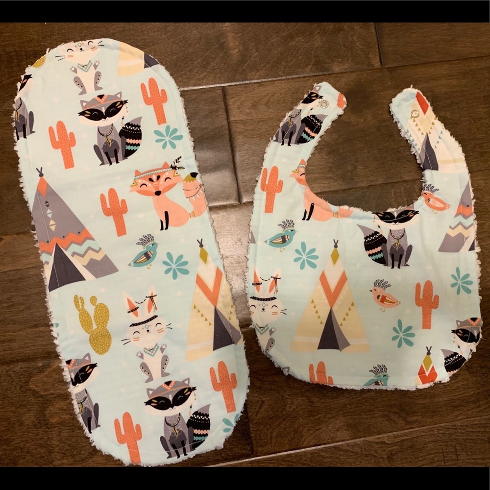 Handmade bib and burp cloth set